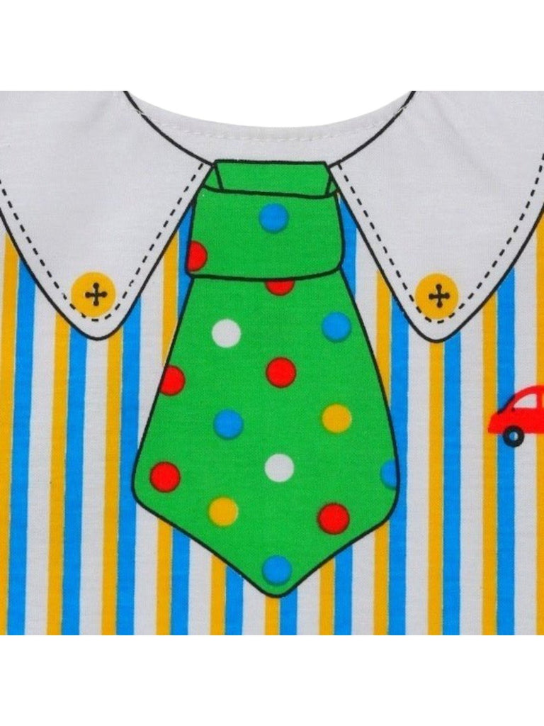 Dapper Dress-Up Striped Baby Bib detailing the colorful tie and button design.