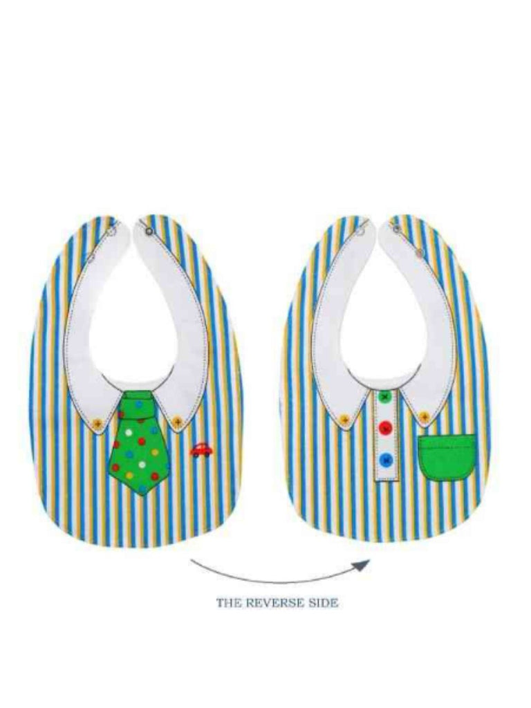 Front and back view of Dapper Dress-Up Striped Baby Bib showing reversible design