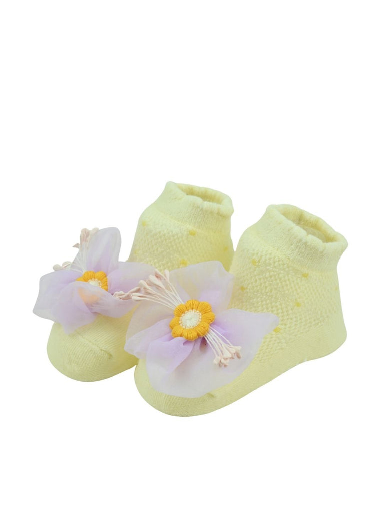 Delicate Baby Cotton Socks with Yellow Flower Design for Girls - Multi - Angle View