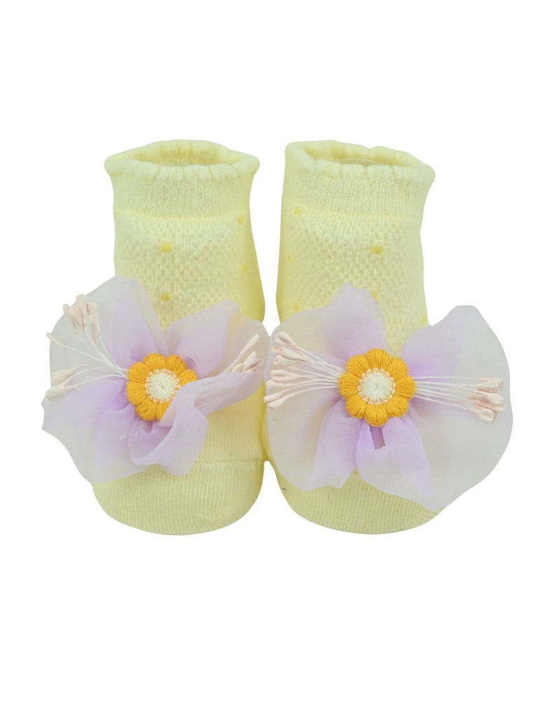 Delicate Baby Cotton Socks with Yellow Flower Design for Girls - Multi - Front View