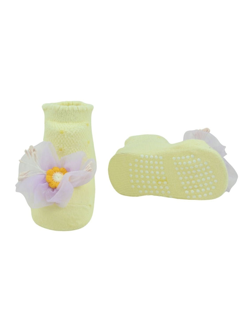 Delicate Baby Cotton Socks with Yellow Flower Design for Girls - Multi - Front & Back View