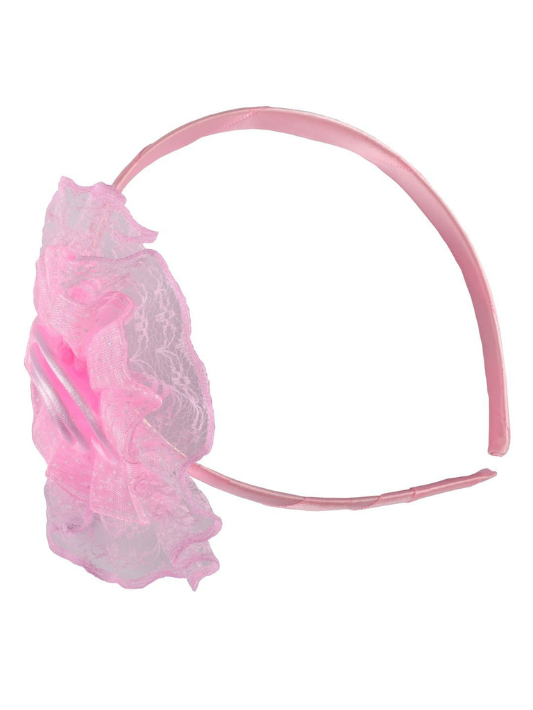 Side view of the pink baby hairband showcasing lace flower and satin ribbon details.