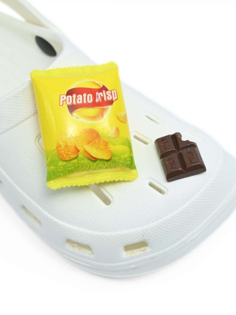 Delightful Clogs with Burger, Fries & Chocolate Charm for Boys- White - Close Up View