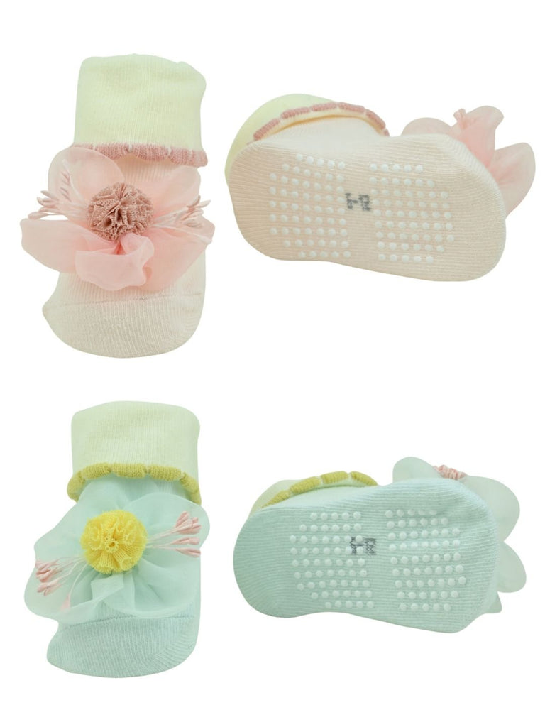 Delightful Flower Accent 3D Ankle Socks Set for Baby Girls - Multi - Front & Back View