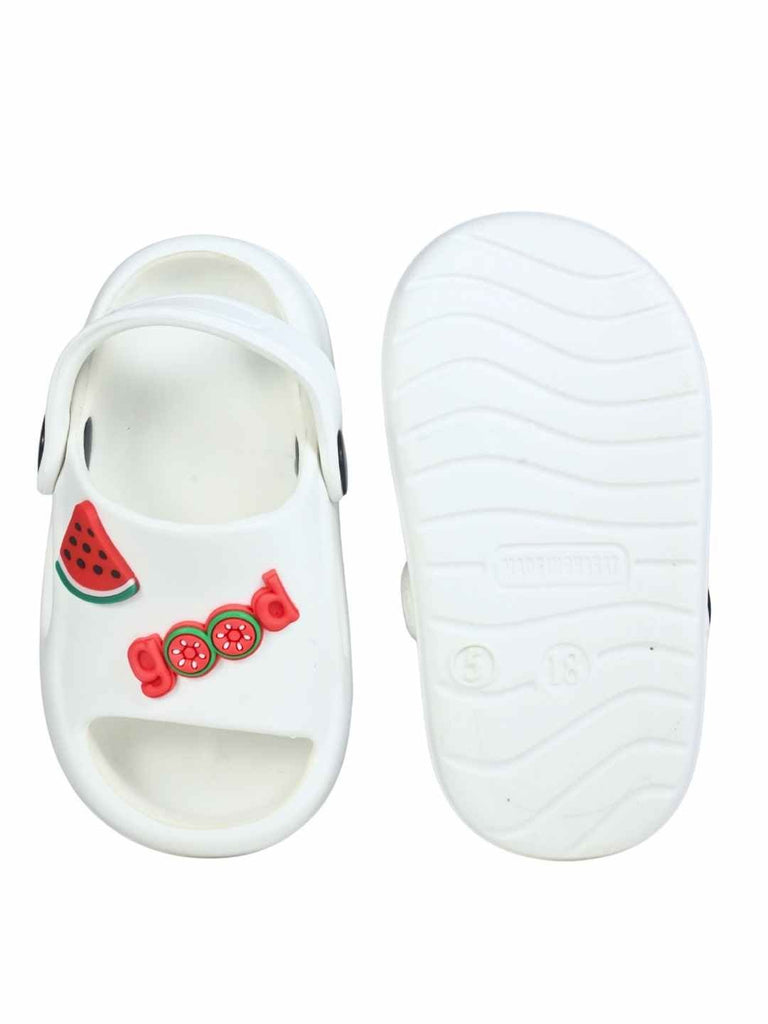 Delightful & Fun Doll and Fruit Decorative Charms Sandals for Girls – White-Front & Back View