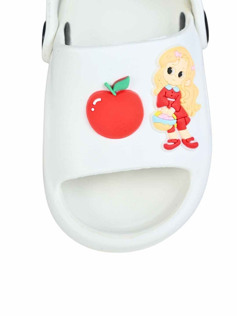 Delightful & Fun Doll and Fruit Decorative Charms Sandals for Girls – White-Close up View