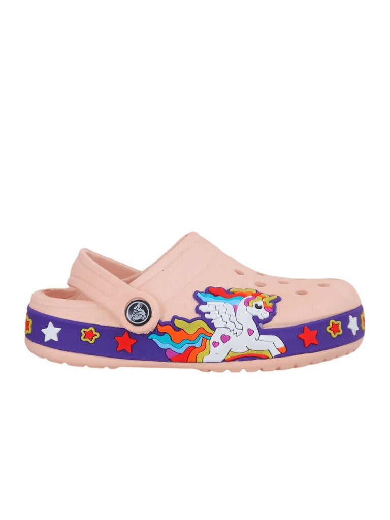 Full view of children's peach clogs with unicorn motif, highlighting the comfortable design for active little ones