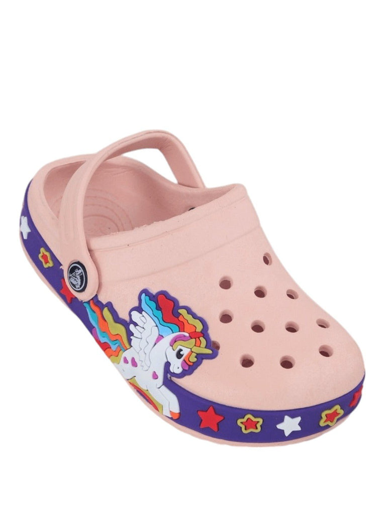 "Side angle of peach unicorn clogs showing off the snug fit and enchanting side print for kids