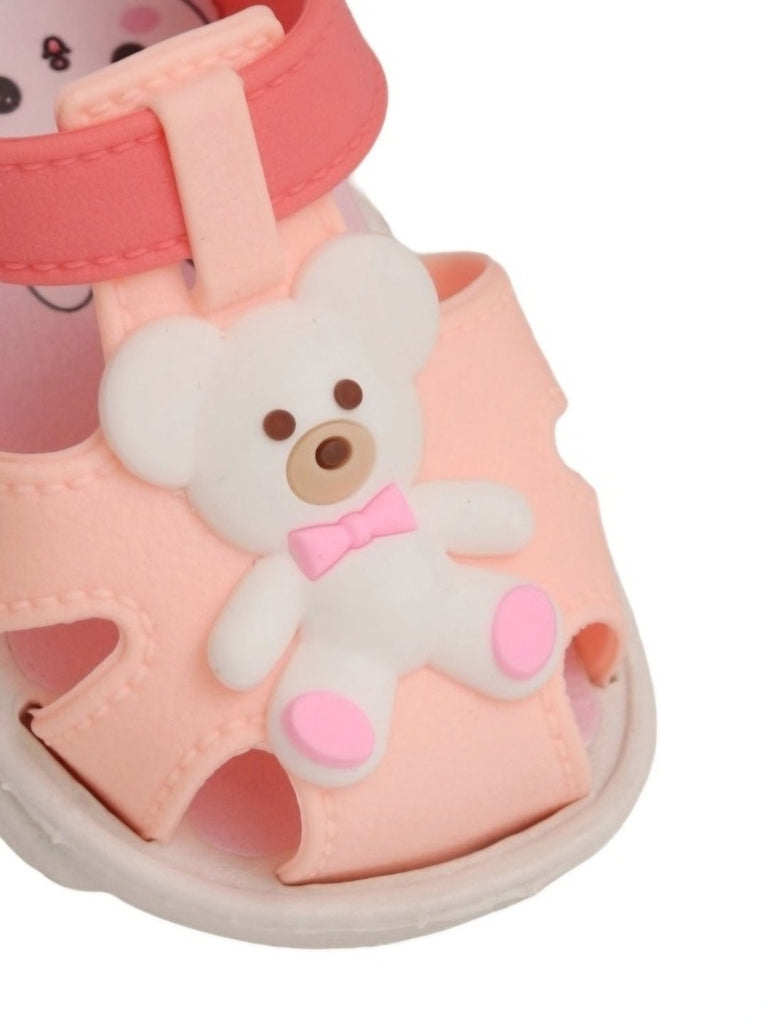 Yellow Bee Pink Teddy Bear Sandals For Girls - close up View