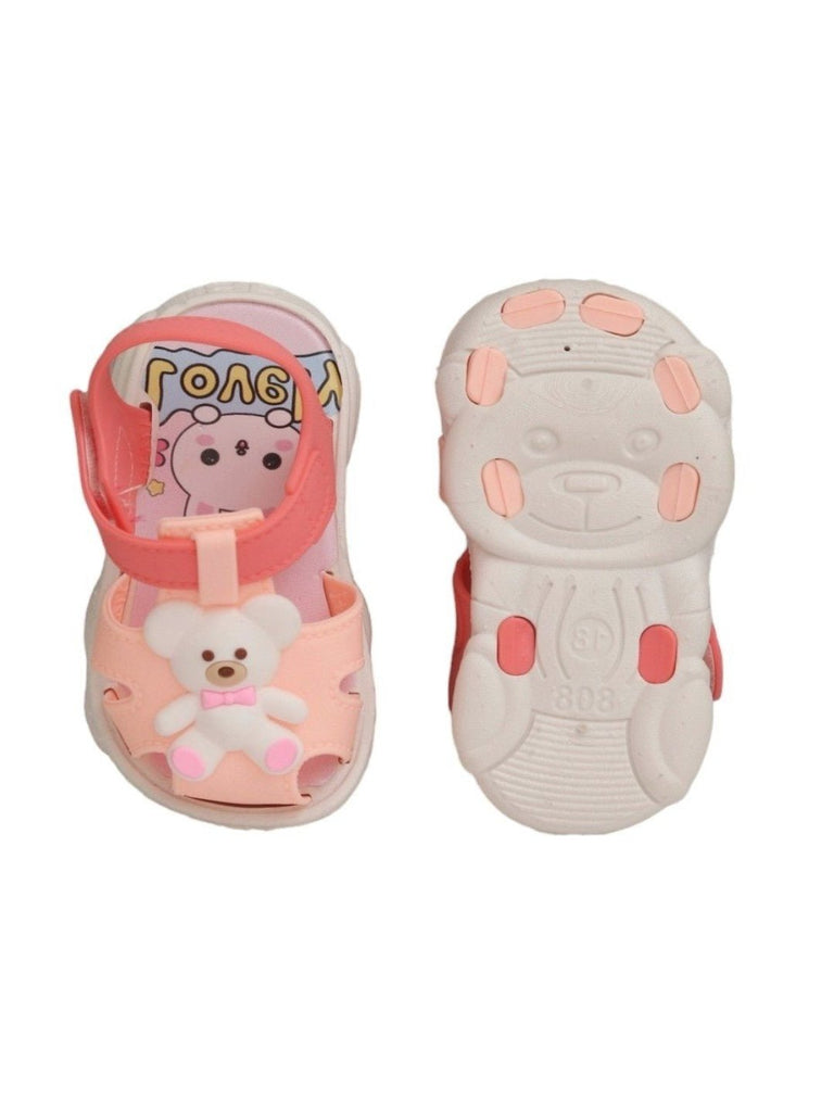 Yellow Bee Pink Teddy Bear Sandals For Girls - Front and Back View