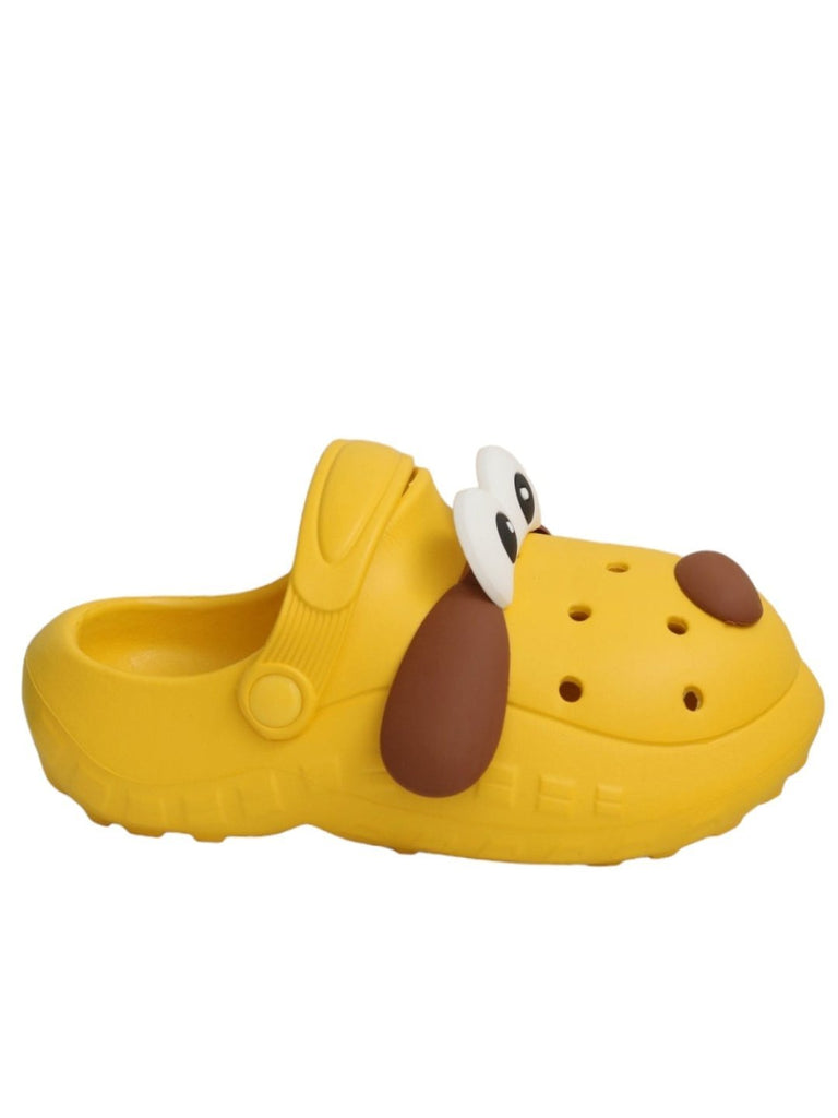 side view of Yellow Bee Children's Puppy-Themed clogs with toy and cookies.