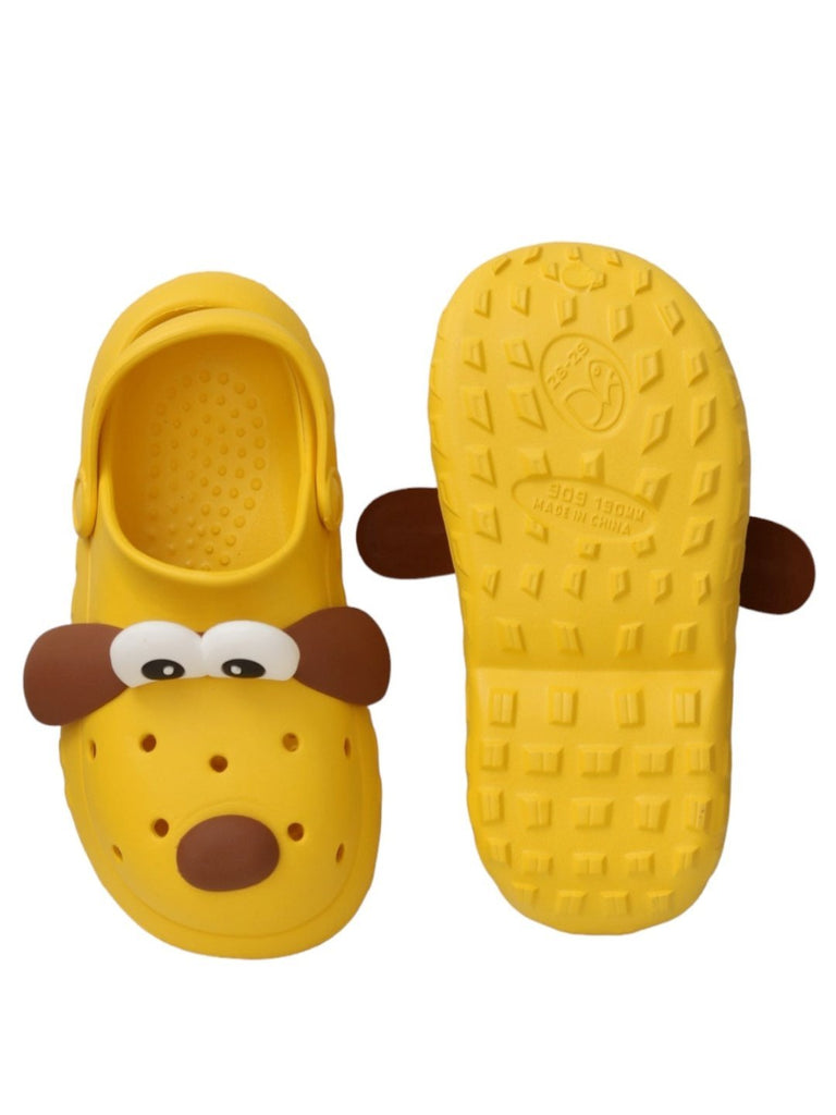 front and back view of Yellow Bee Children's Puppy-Themed clogs with toy and cookies.