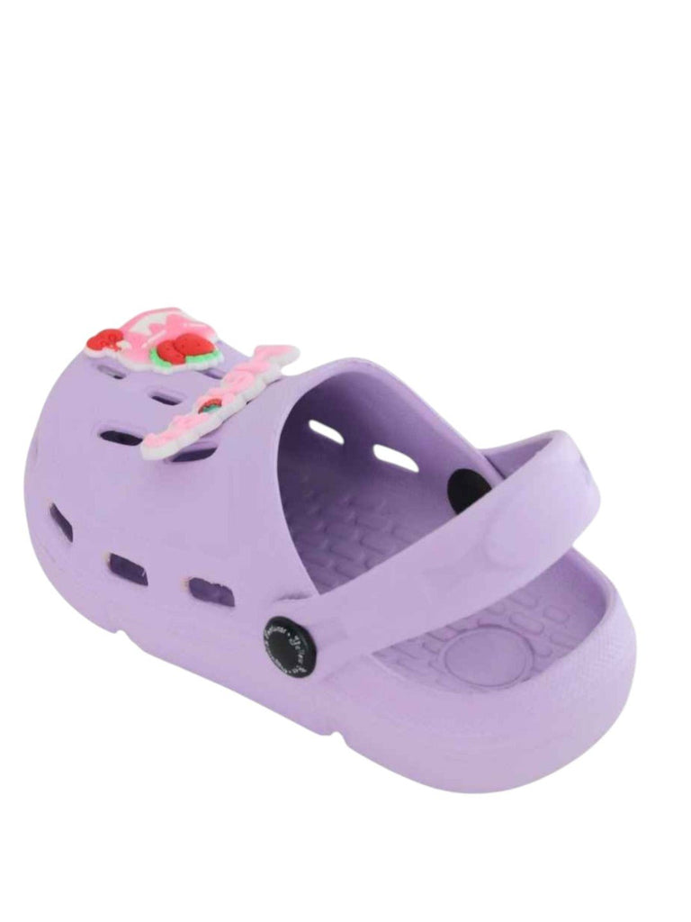 Delightful Purple Clogs with “Happy” & Cherry Cake Charms for Girls-Back View