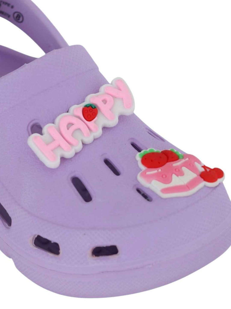 Delightful Purple Clogs with “Happy” & Cherry Cake Charms for Girls-Close up view