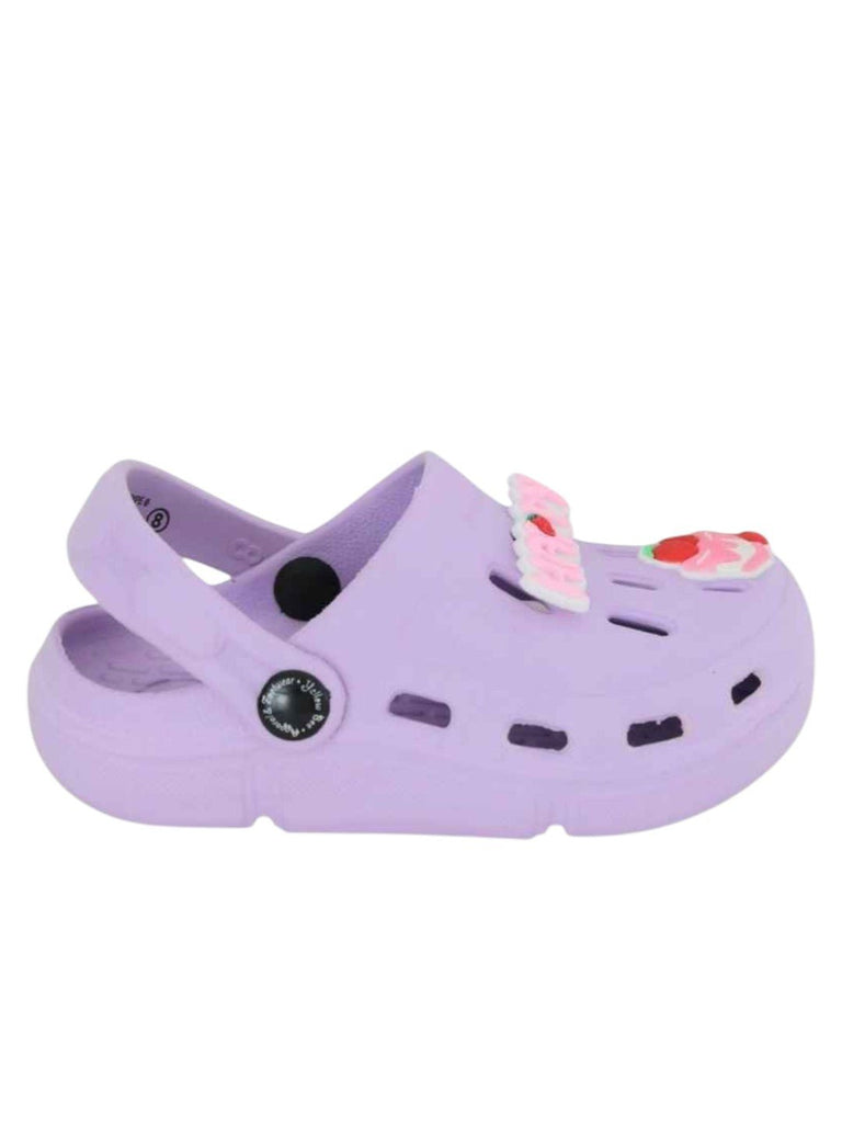 Delightful Purple Clogs with “Happy” & Cherry Cake Charms for Girls-Side View