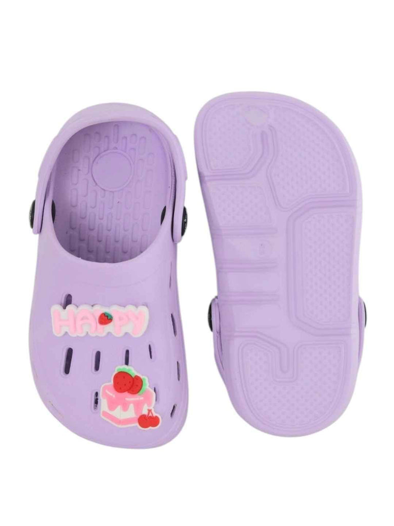 Delightful Purple Clogs with “Happy” & Cherry Cake Charms for Girls-Front & Back View