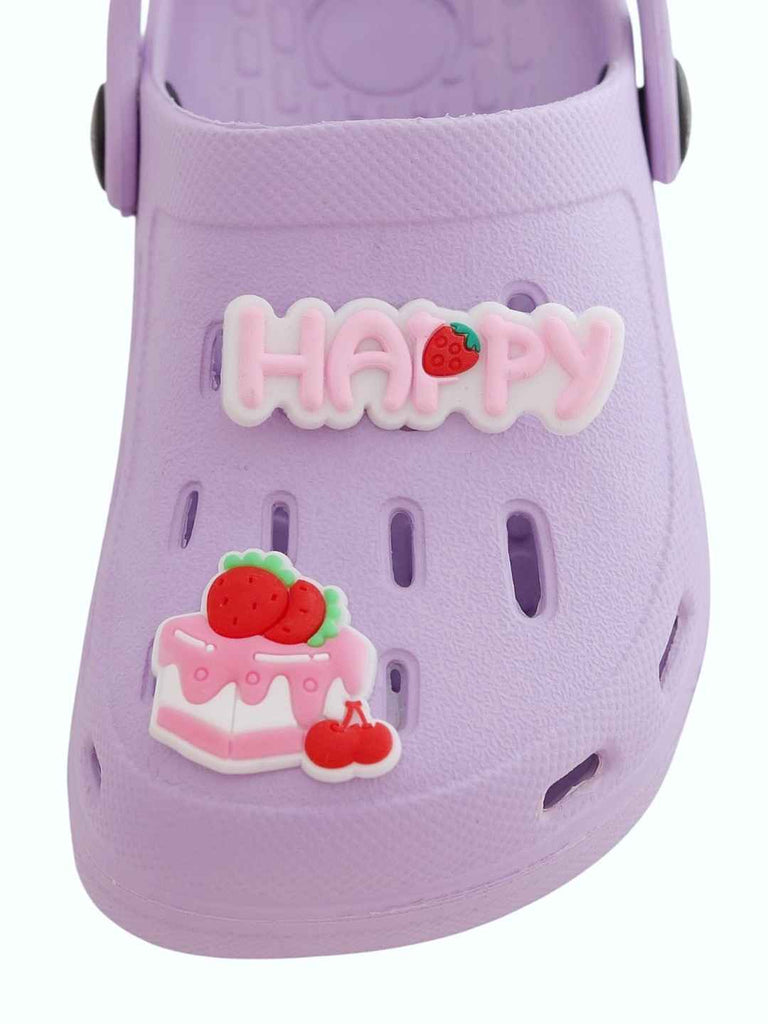 Delightful Purple Clogs with “Happy” & Cherry Cake Charms for Girls-Front View