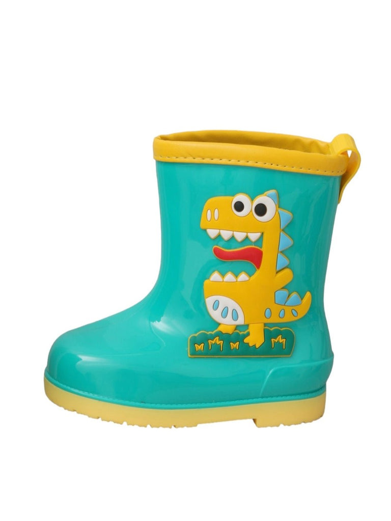 Side view of Yellow Bee Dino Delight Green Rain Boots for Boys highlighting the vibrant colors and dinosaur motif.