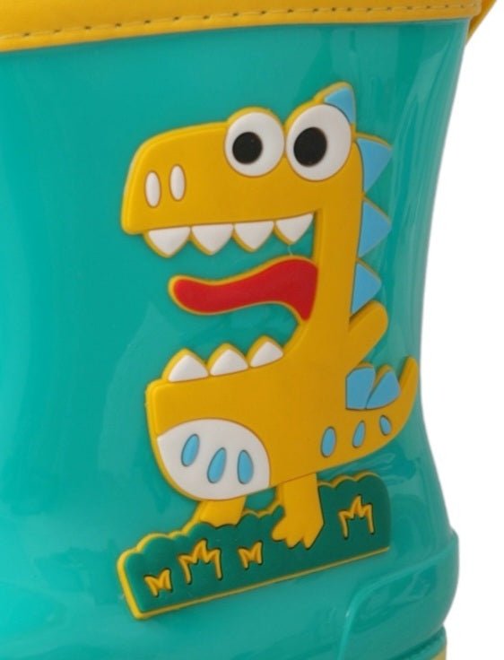 Close-up view of Yellow Bee Dino Delight Green Rain Boots for Boys showing detailed dinosaur graphic.