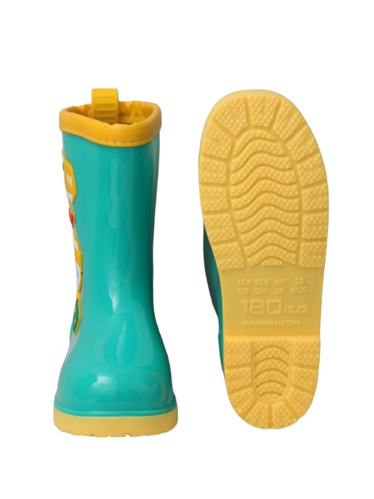 Front and back view of Yellow Bee Dino Delight Green Rain Boots for Boys showcasing design and durability.