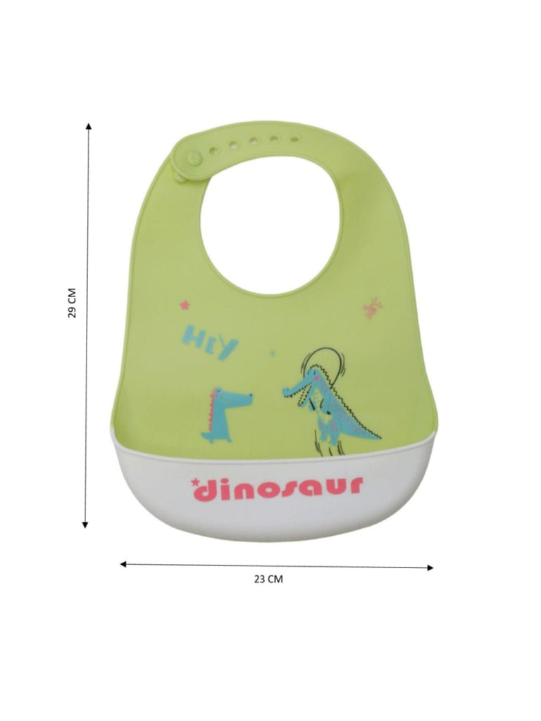 Size dimensions of the Dino Greetings Silicone Baby Bib for Boys by Yellow Bee..