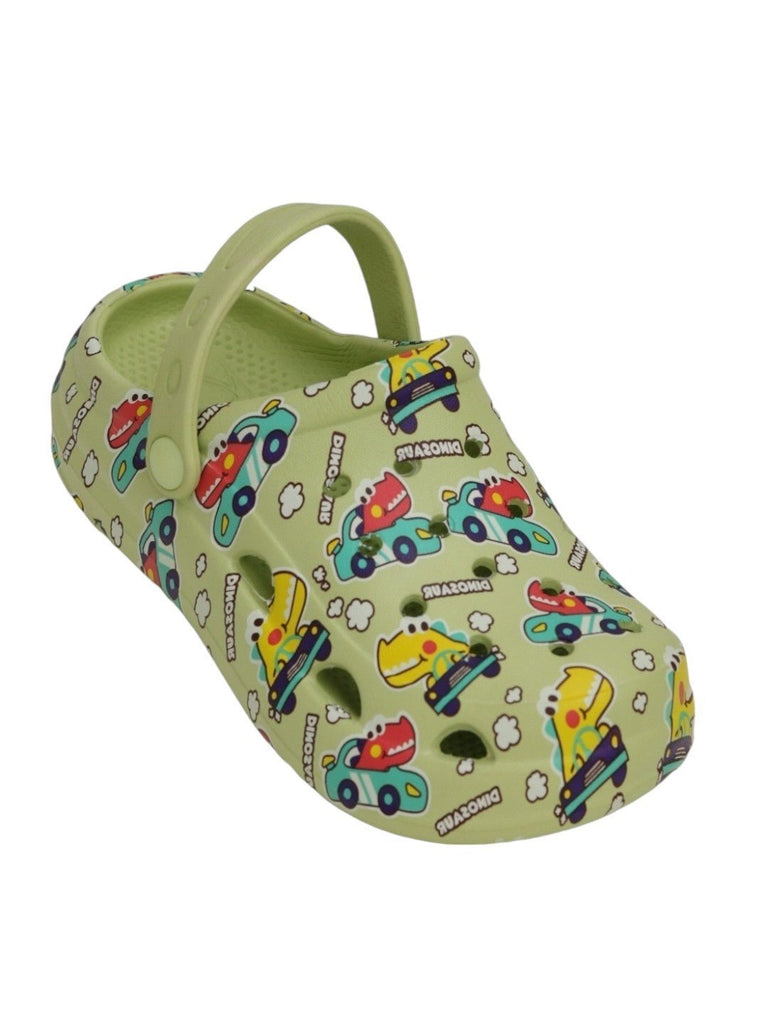 dino-racers-car-print-clogs-for-boys-in-dynamic-green-Angle view.