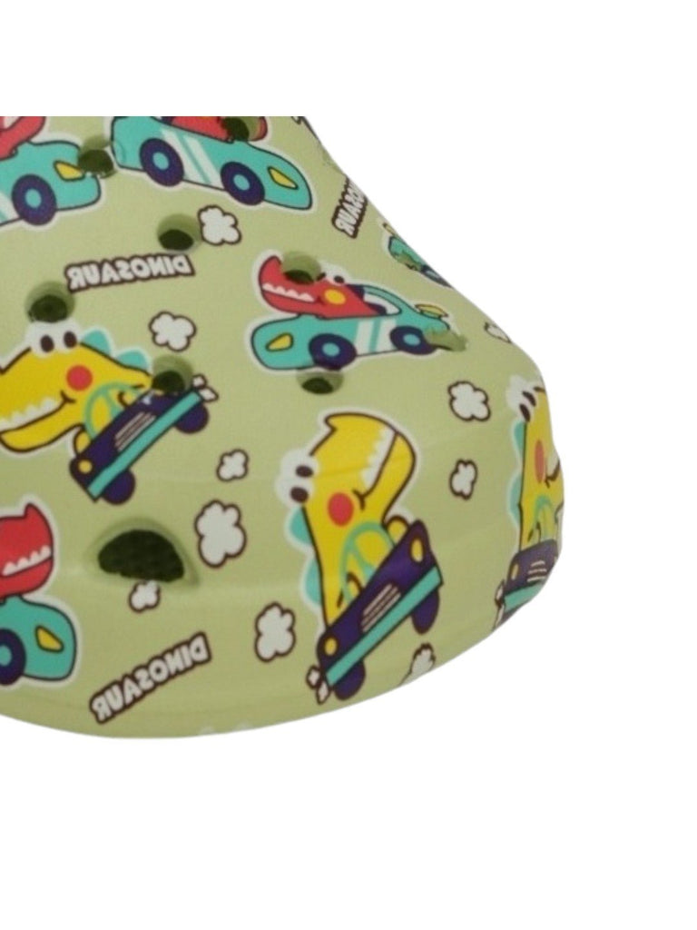 dino-racers-car-print-clogs-for-boys-in-dynamic-green-close up view..