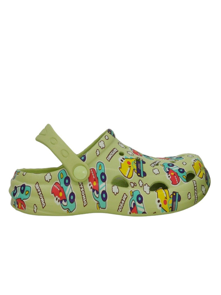 dino-racers-car-print-clogs-for-boys-in-dynamic-green-Side view..