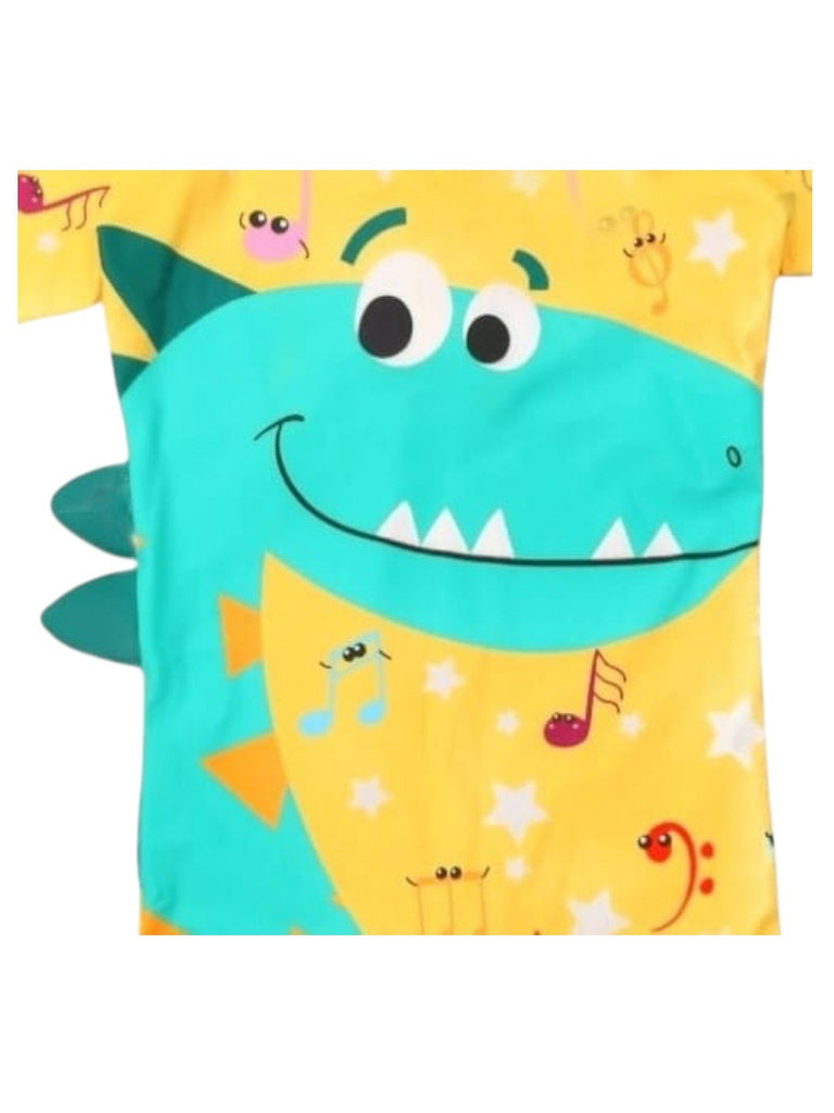 dino-splash-boys-yellow-half-sleeve-dinosaur-print-swimsuit-close up 