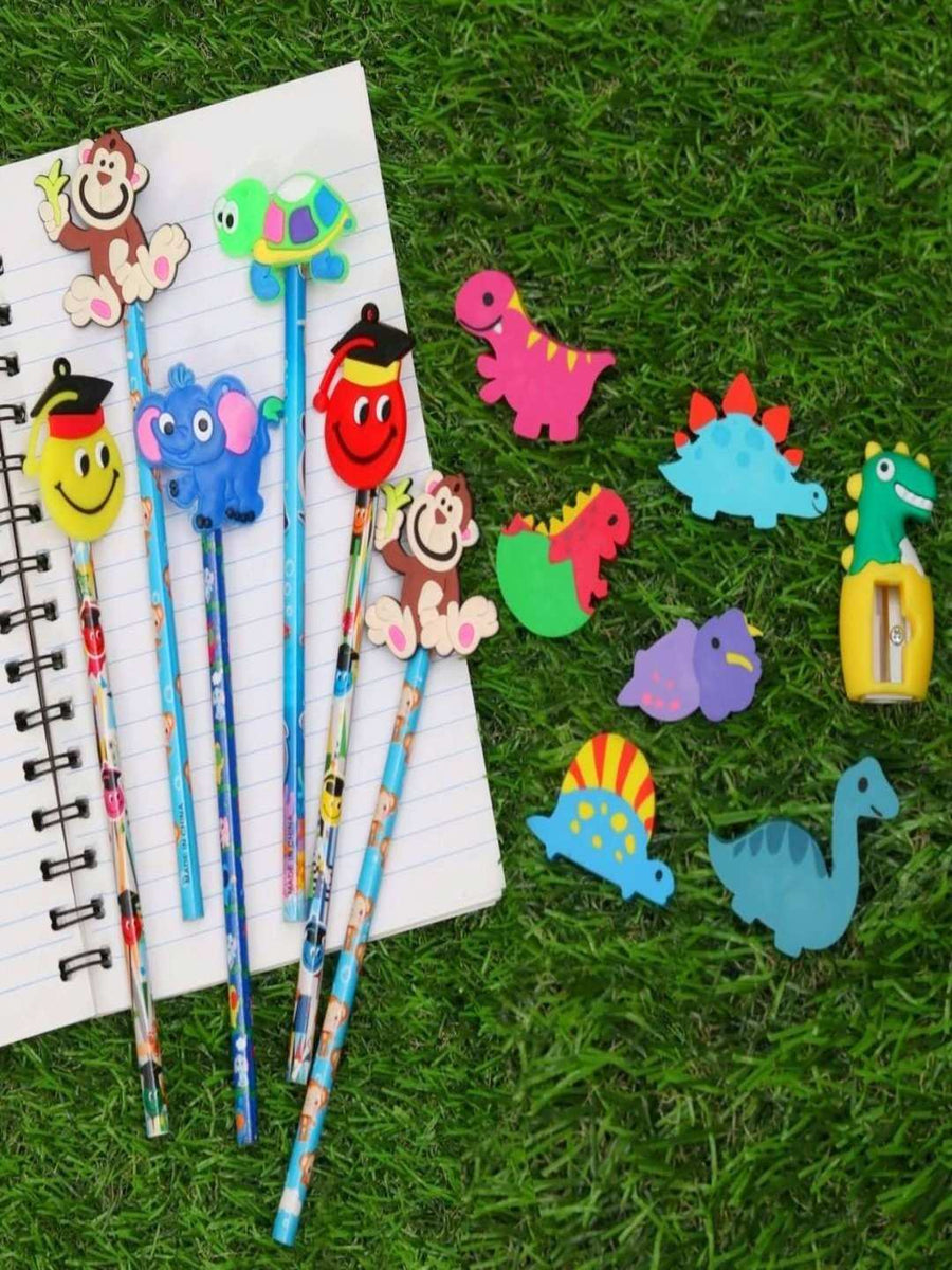 Yellow Bee Dinosaur Theme Erasers, Sharpner and Pencil Set – Yellow Bee ...