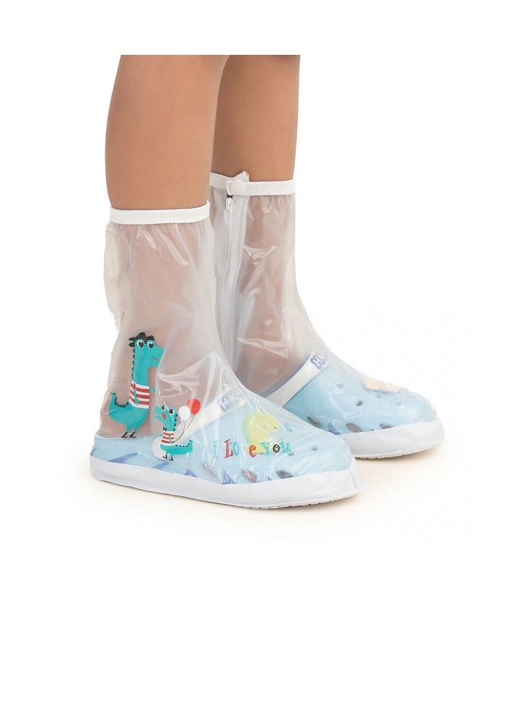 Side view of Yellow Bee Dinosaur Duo Waterproof Rain Shoe Covers for Boys.