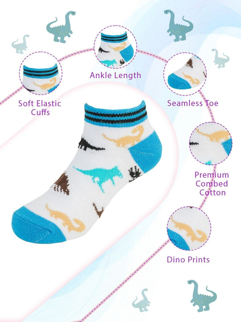 Infographic view of Yellow Bee Dinosaur-Themed Ankle Socks for Boys detailing features like seamless toe, soft elastic cuffs, and premium combed cotton.