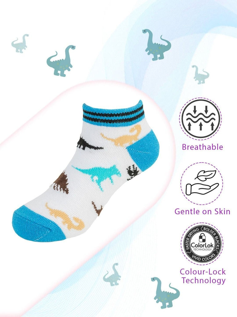 Detailed view of Yellow Bee Dinosaur-Themed Ankle Socks for Boys highlighting the colorful dino prints and soft material.