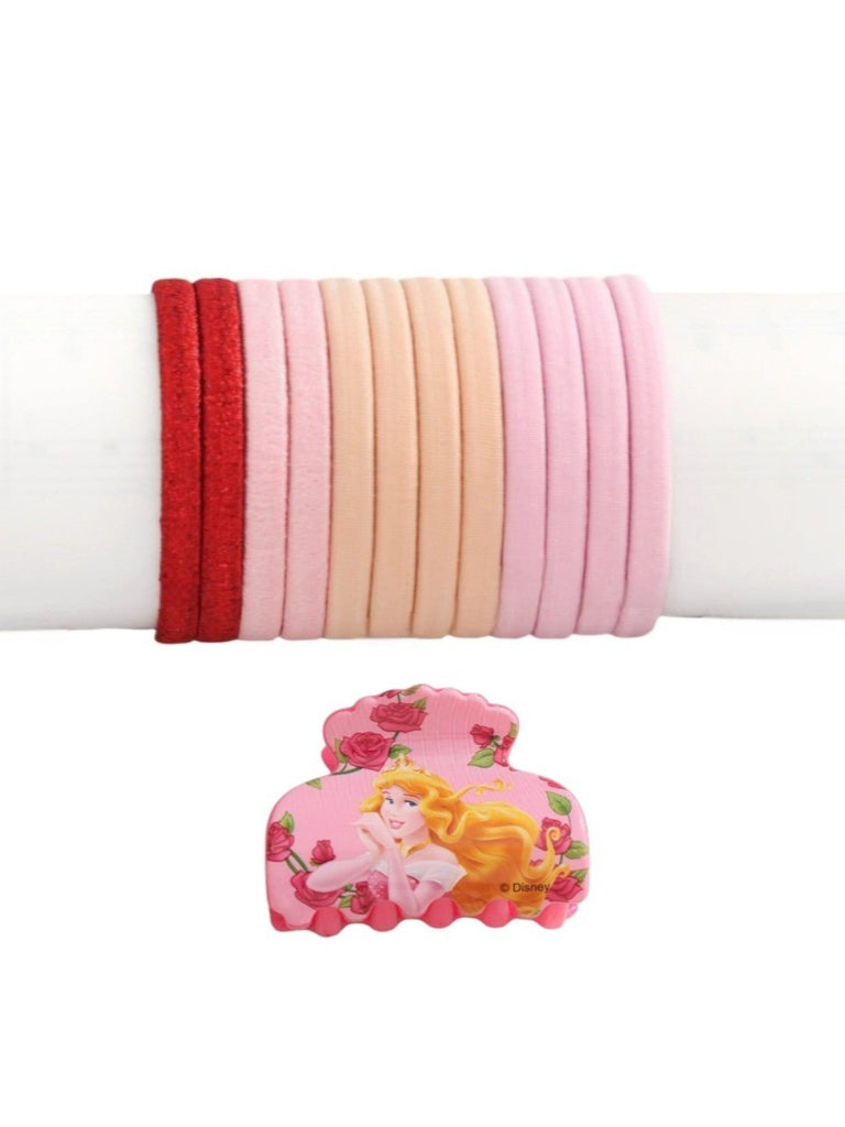 Disney by Yellow Bee Princess Aurora Hair Tie Set with Matching Clutcher for Girls- Pink & Red, 26-Piece-Full Front View
