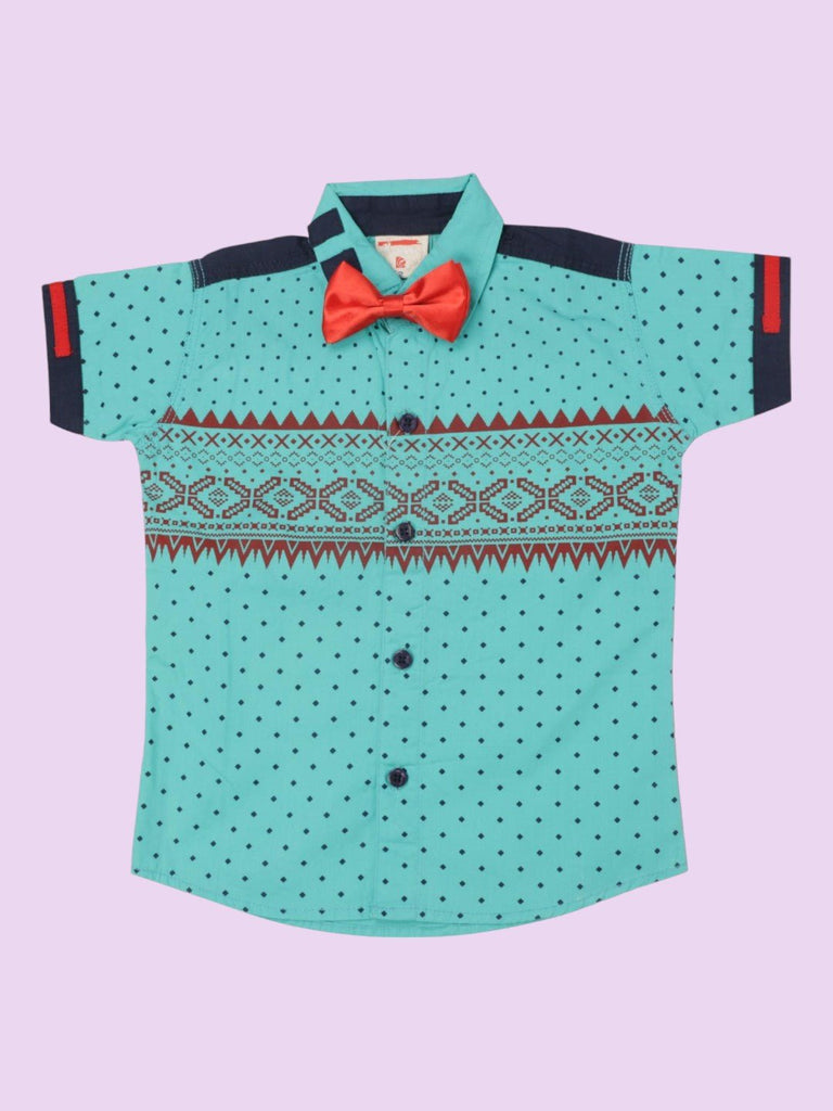 BoysAquaTribalPrintShirtwithRedBowTieandNavyAccentscreativeview