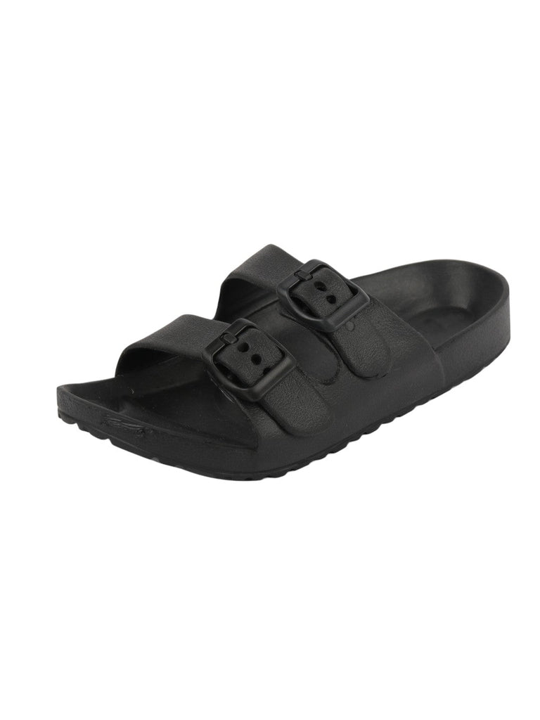 Angle view of black double buckle slides for boys featuring EVA material and slip-on design.