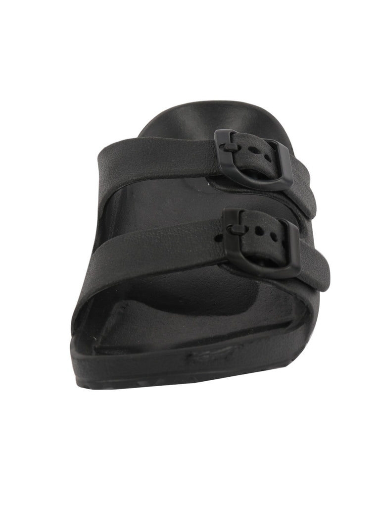 zoom view of black double buckle slides for boys with plain design.