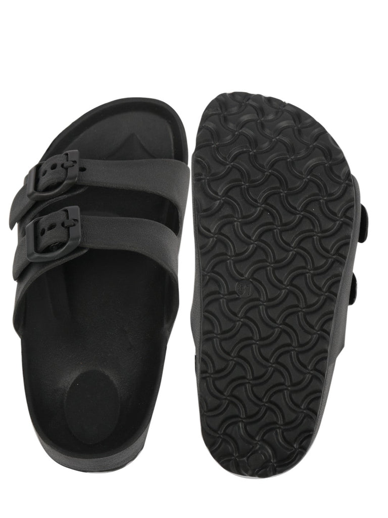 Front and back view of black double buckle slides for boys with plain design.