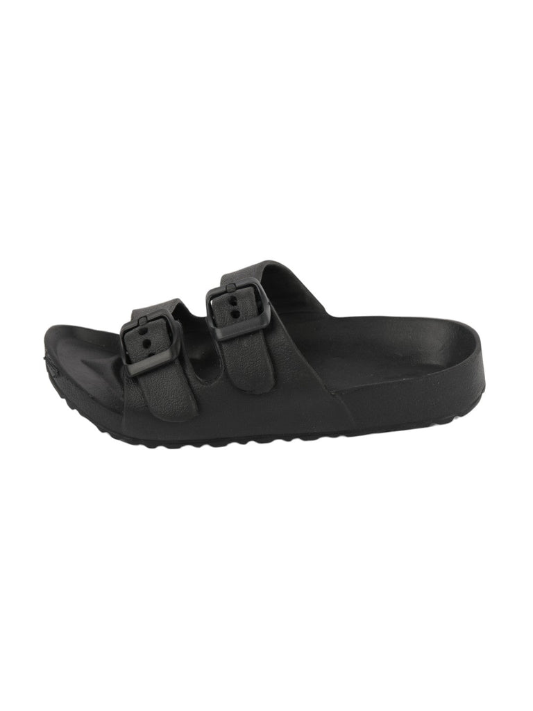 Side view of black double buckle slides for boys showing adjustable buckles.

