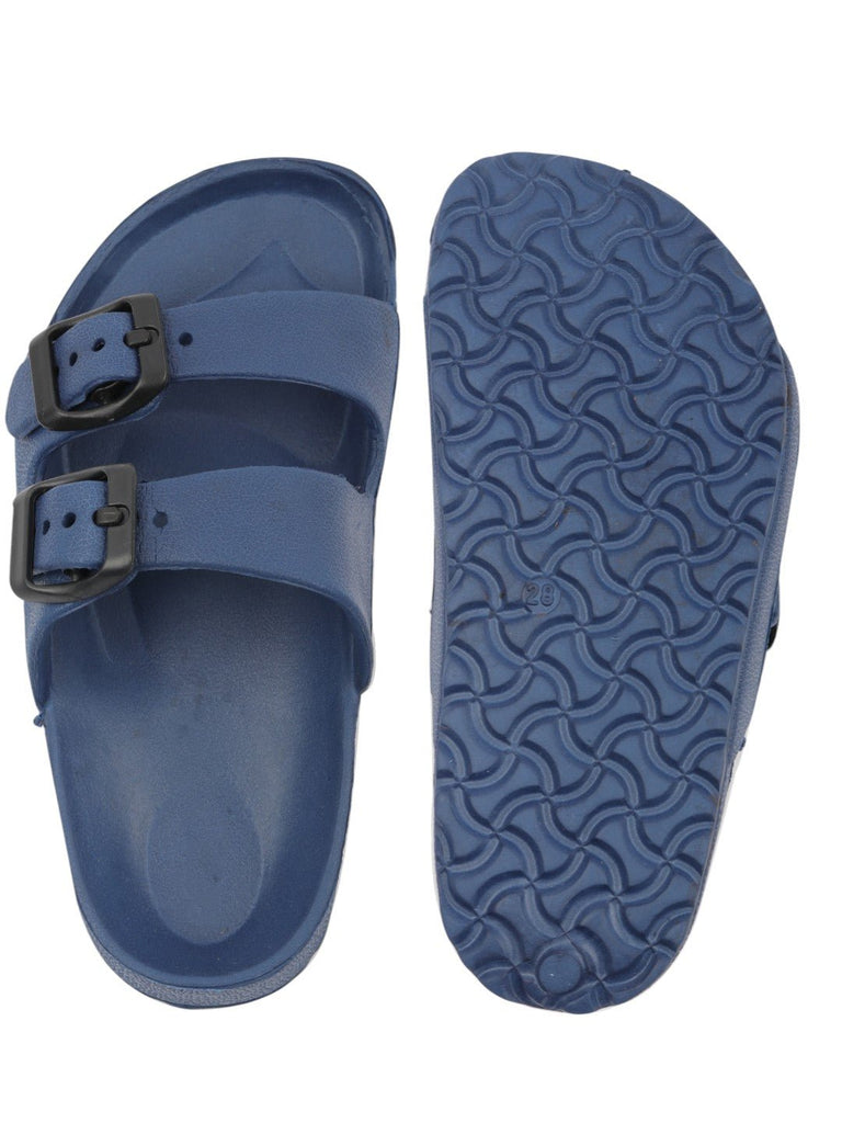 Front and back  view of Double Buckle Slides for Boys in Navy Blue showcasing buckle details.