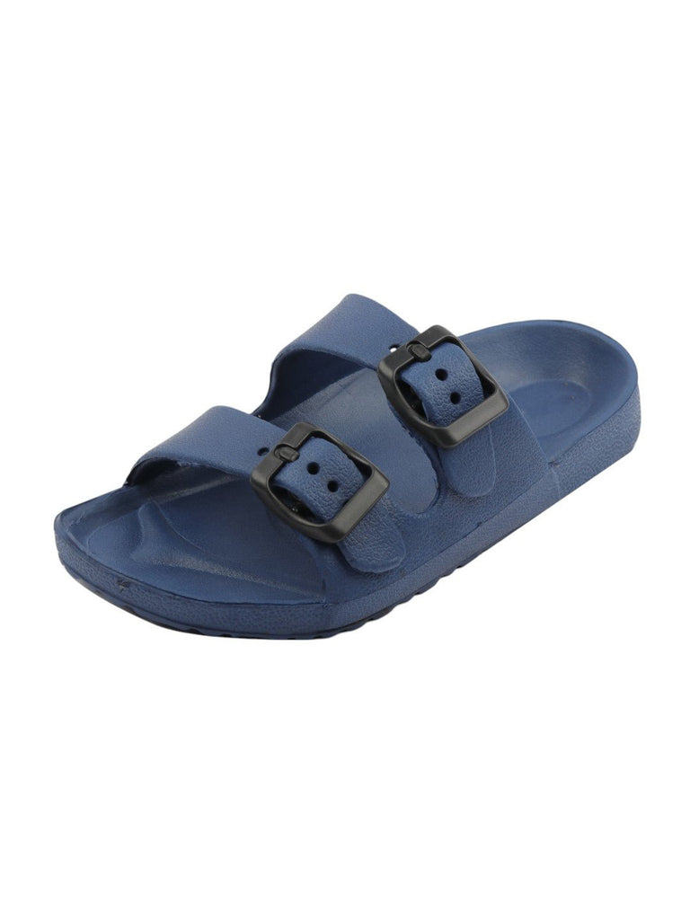 Angle view of Double Buckle Slides for Boys in Navy Blue with adjustable buckles.