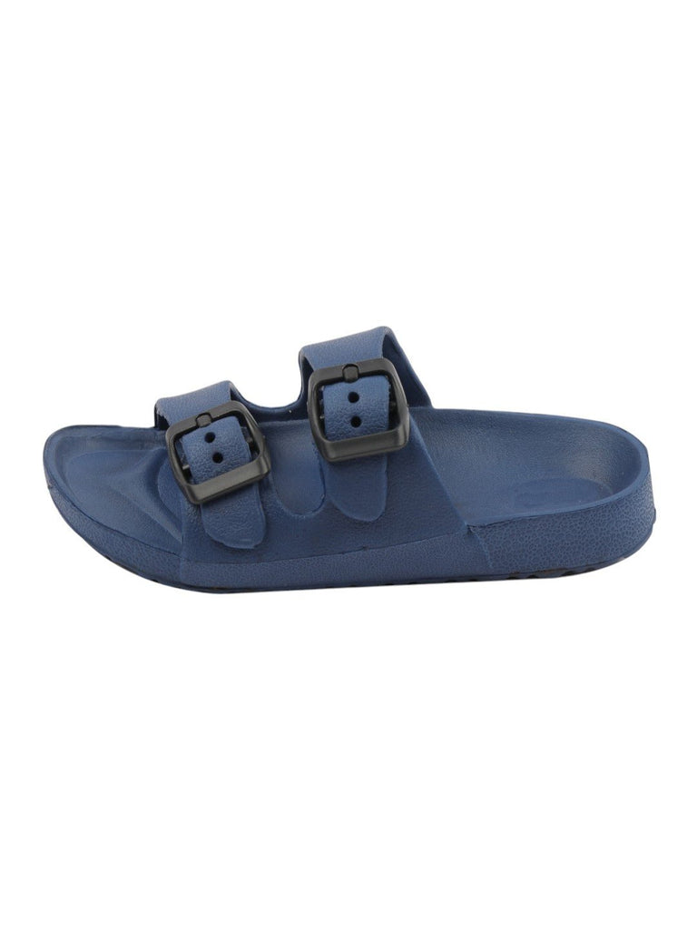 Side view of Double Buckle Slides for Boys in Navy Blue highlighting textured sole design.