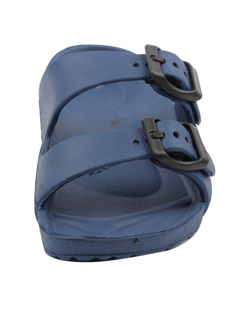 Zoom view of Double Buckle Slides for Boys in Navy Blue detailing the buckle and material texture.