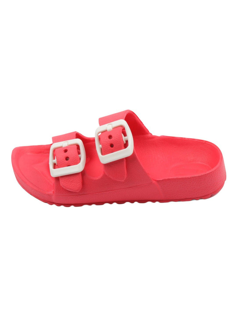 Side view of Double Buckle Slides for Boys in Red showcasing the textured sole.