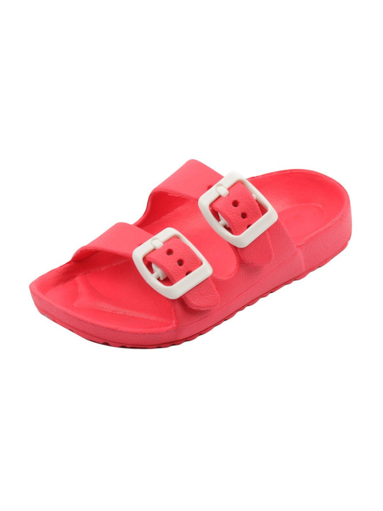 Angle view of Double Buckle Slides for Boys in Red with adjustable buckle design.