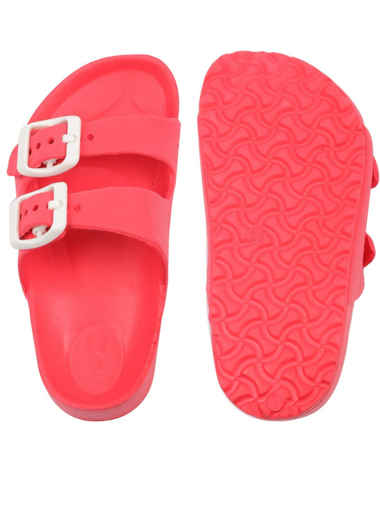 Front and back view of Double Buckle Slides for Boys in Red highlighting the buckle details.