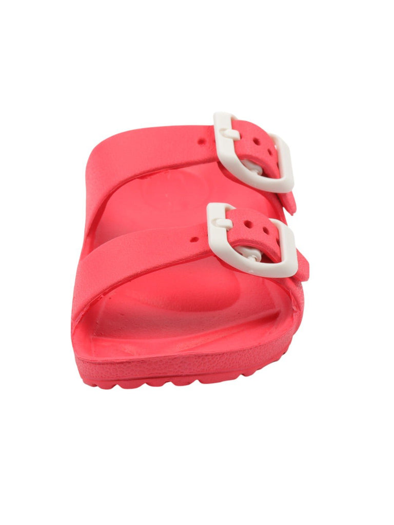 zoom view of Double Buckle Slides for Boys in Red showcasing the textured sole.