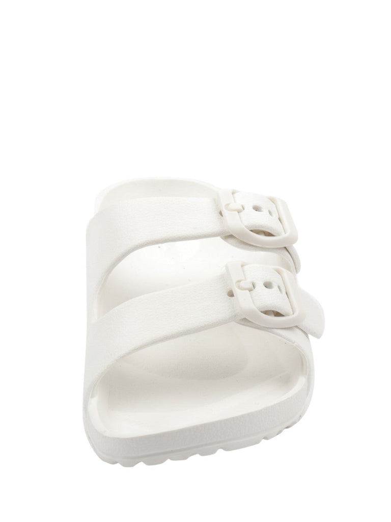 Zoom view of Double Buckle Slides for Boys in White showing buckle and texture details.