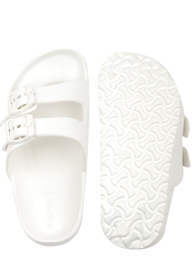 Front and back view of Double Buckle Slides for Boys in White showing the buckle detail.