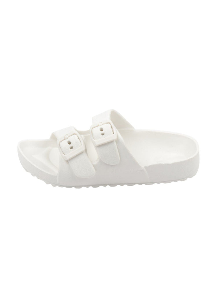 Side view of Double Buckle Slides for Boys in White highlighting the sole design.